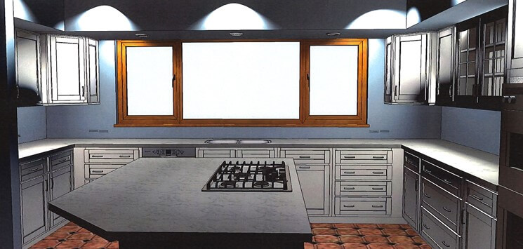 3D kitchen renovation rendering showing cabinetry and island by Odd Fellows Contracting in Okemos, MI