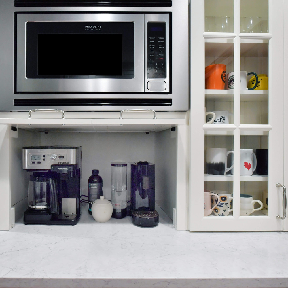 built in microwave cabinet and coffee station in kitchen remodel by Odd Fellows Contracting in Okemos, MI