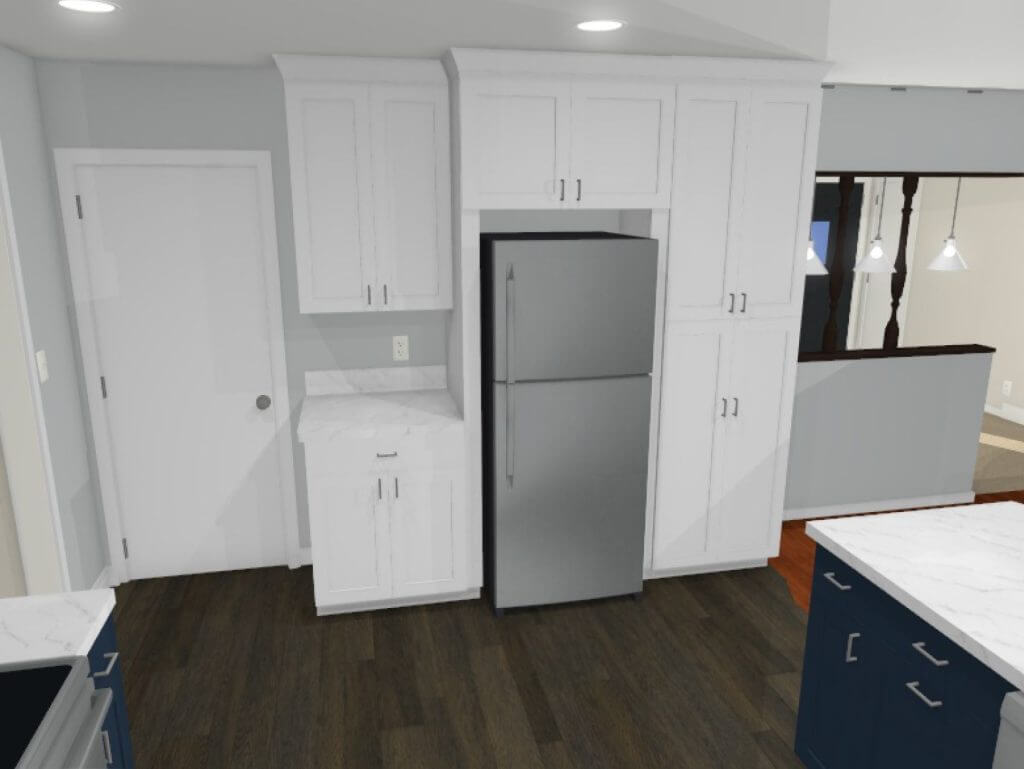3D kitchen concept for a West Lansing, MI renovation by Odd Fellows Contracting highlighting layout and finishes.