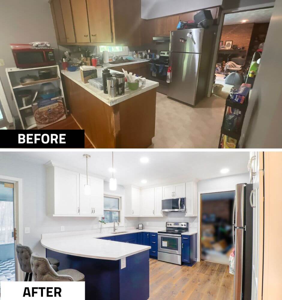 Before and after kitchen remodel by Odd Fellows Contracting in West Lansing, MI featuring white cabinetry and a navy blue peninsula.