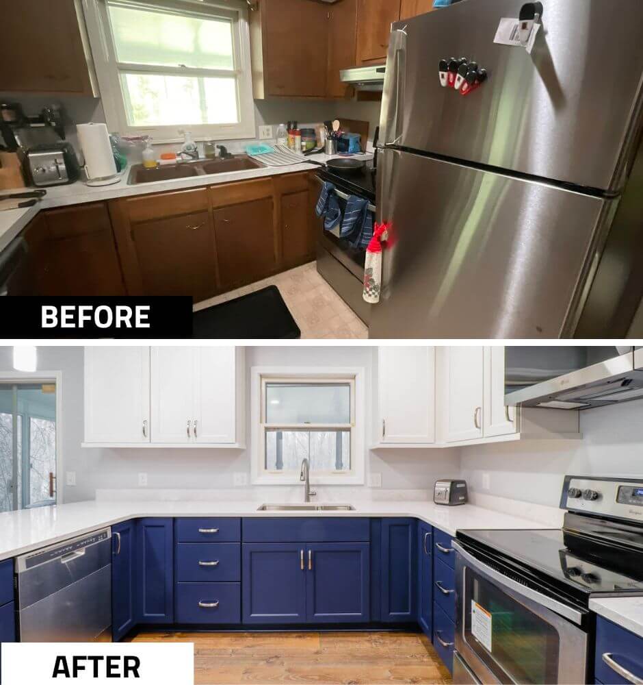 Before and after kitchen update by Odd Fellows Contracting in West Lansing, MI with blue lower cabinets and white uppers.