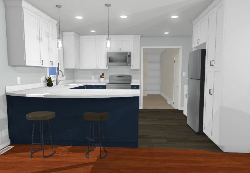 Completed kitchen remodel by Odd Fellows Contracting in West Lansing, MI with white cabinets and navy island.