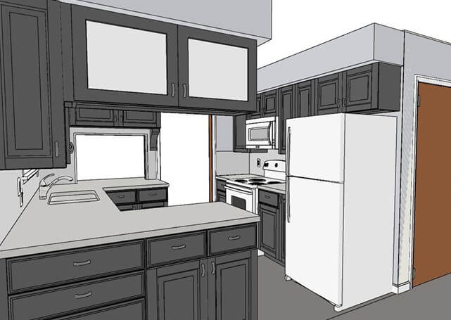 3D design rendering of kitchen renovation layout by Odd Fellows Contracting in Lansing, MI