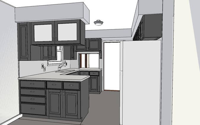 3D kitchen remodel rendering showing new cabinet layout by Odd Fellows Contracting in Lansing, MI