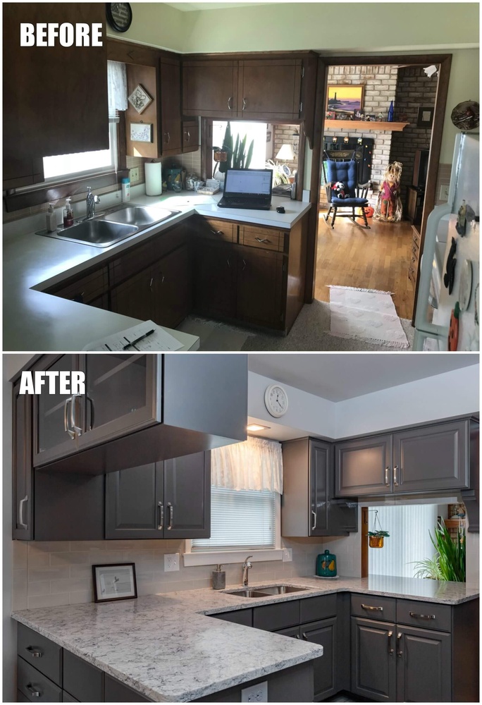 before and after kitchen remodel with new gray cabinets and countertops by Odd Fellows Contracting in Lansing, MI