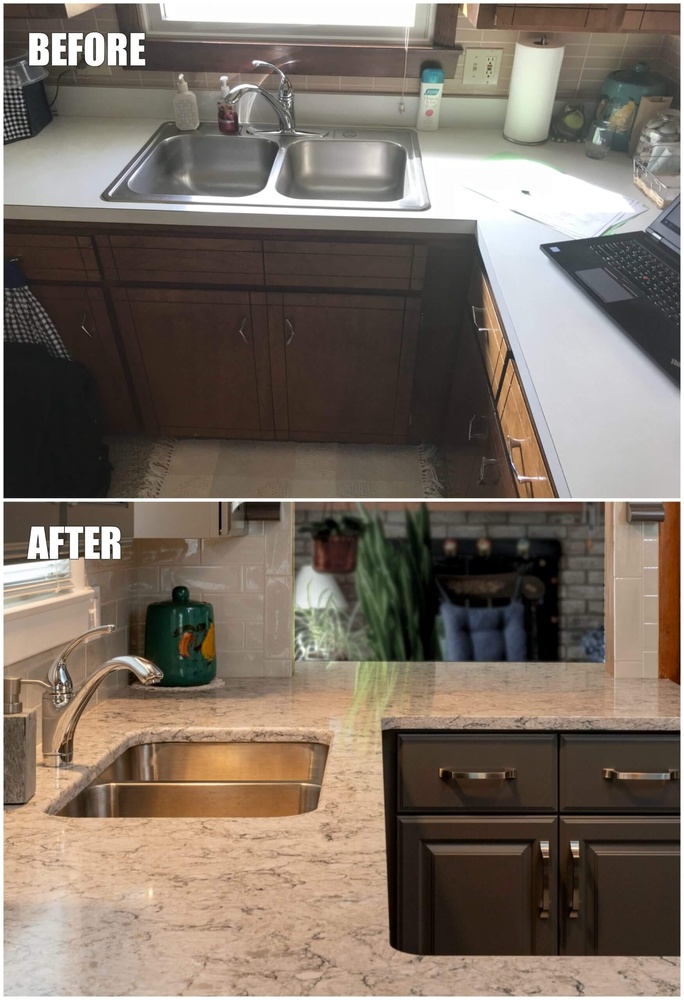 before and after kitchen sink remodel with quartz countertop by Odd Fellows Contracting in Lansing, MI
