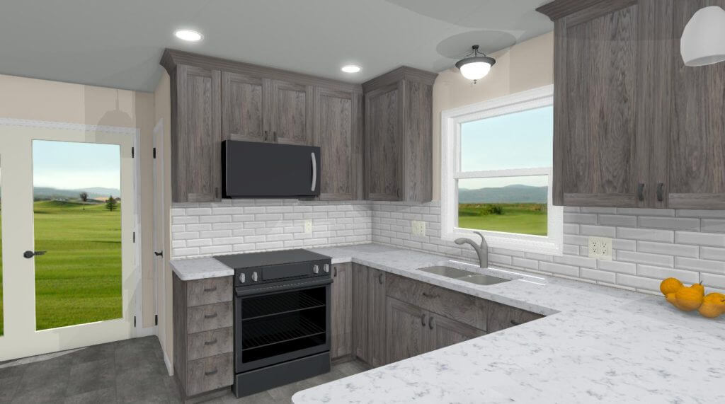 3D kitchen design rendering with subway tile backsplash by Odd Fellows Contracting in Onondaga, MI