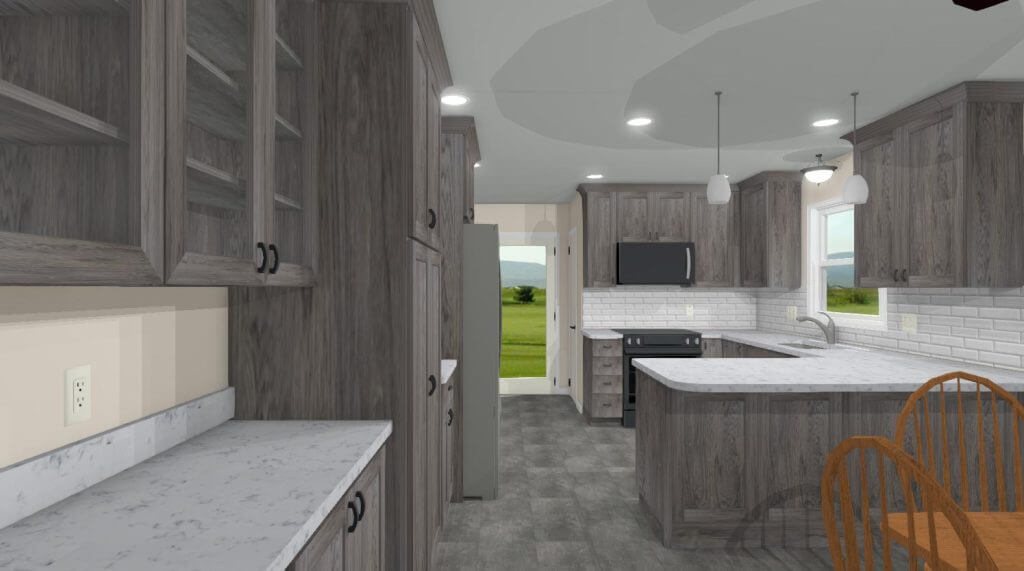 3D kitchen remodel rendering with gray cabinets and peninsula by Odd Fellows Contracting in Onondaga, MI