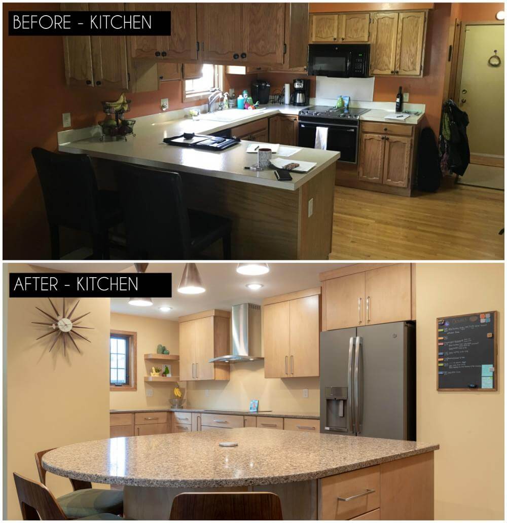 kitchen renovation before and after with new cabinets and island by Odd Fellows Contracting in East Lansing MI