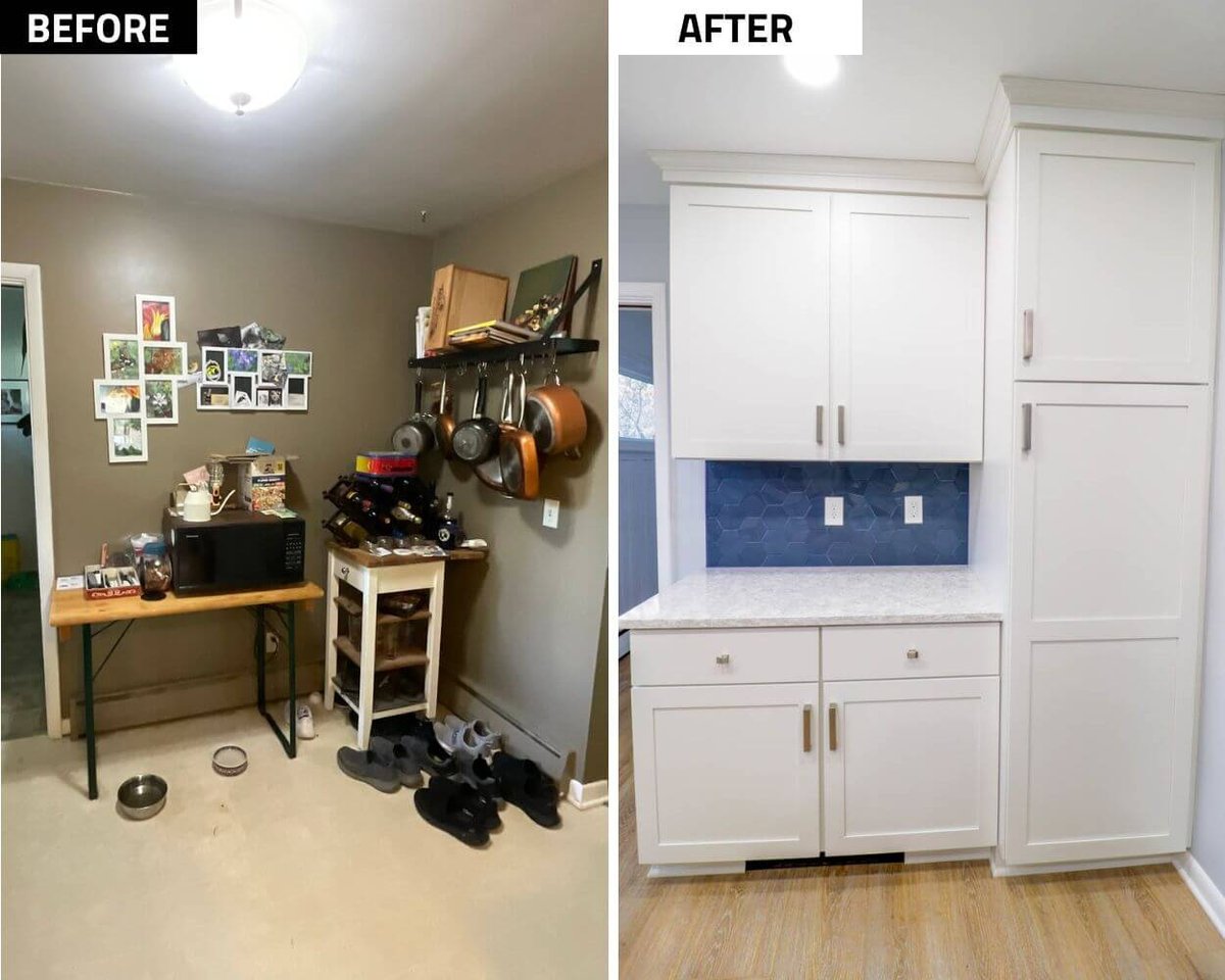 before and after kitchen remodel by Odd Fellows Contracting in Cumberland Lansing, MI showing full transformation