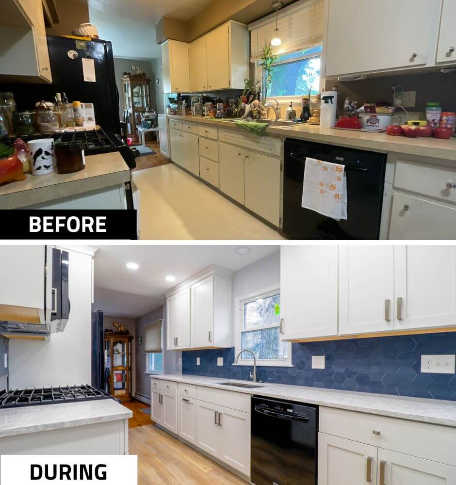 kitchen before and after remodel by Odd Fellows Contracting in Cumberland Lansing, MI with updated cabinets and backsplash