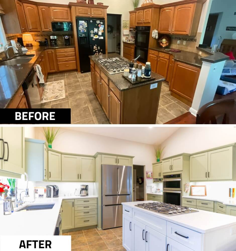 kitchen before and after remodel by Odd Fellows Contracting in Candlewood Estates, MI with updated cabinets and island
