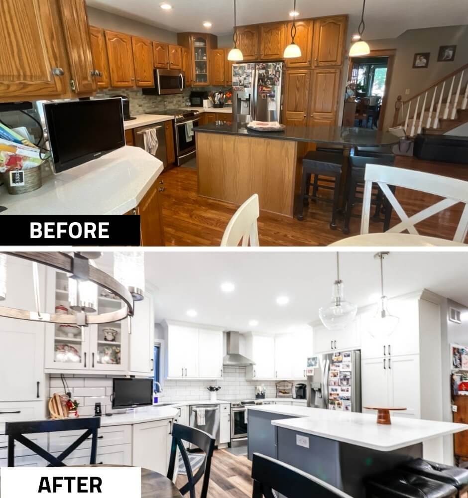 before and after kitchen remodel by Odd Fellows Contracting in Walmar Estates, MI showcasing full transformation to white shaker cabinets and large island