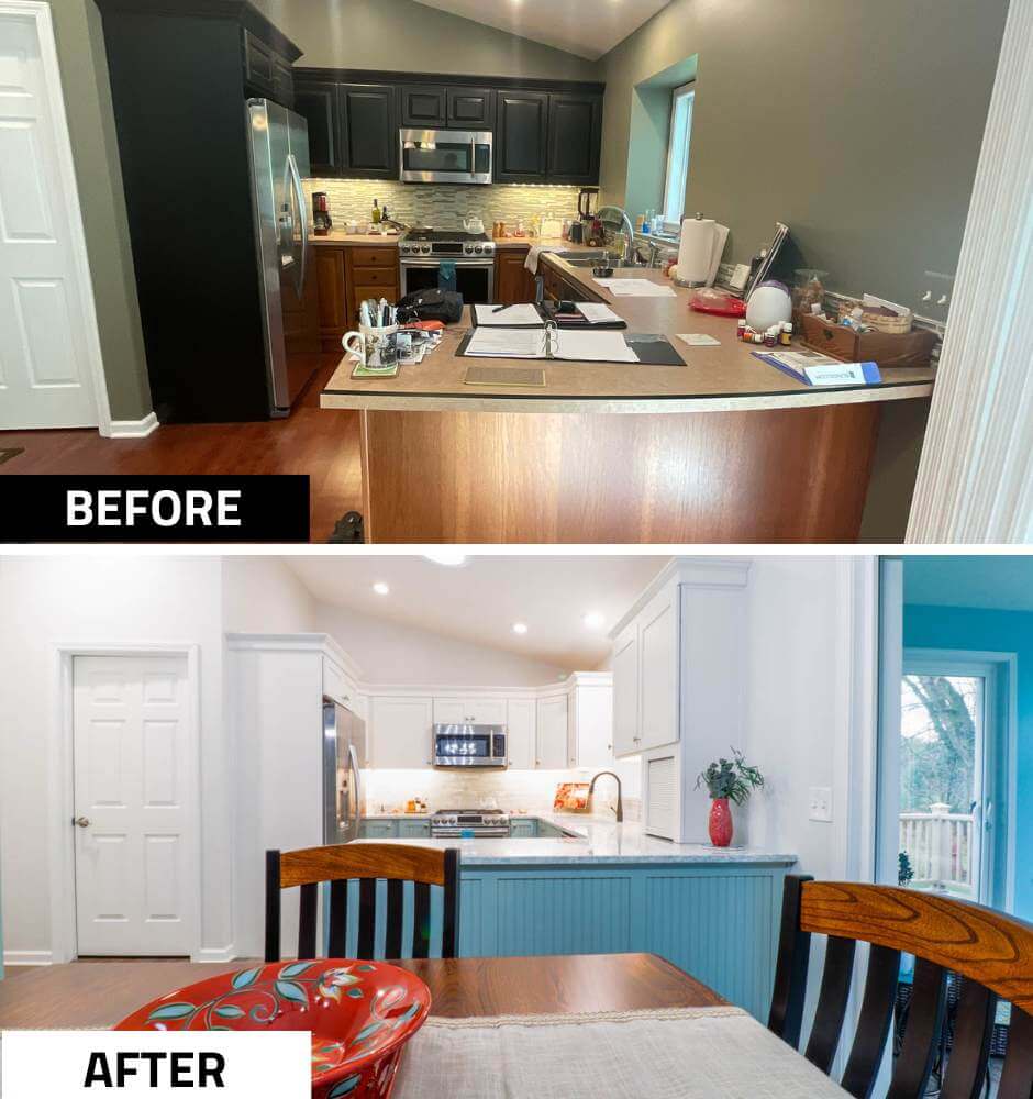 before and after kitchen remodel by Odd Fellows Contracting in Williamston, MI showcasing transformation to bright white cabinetry and peninsula seating