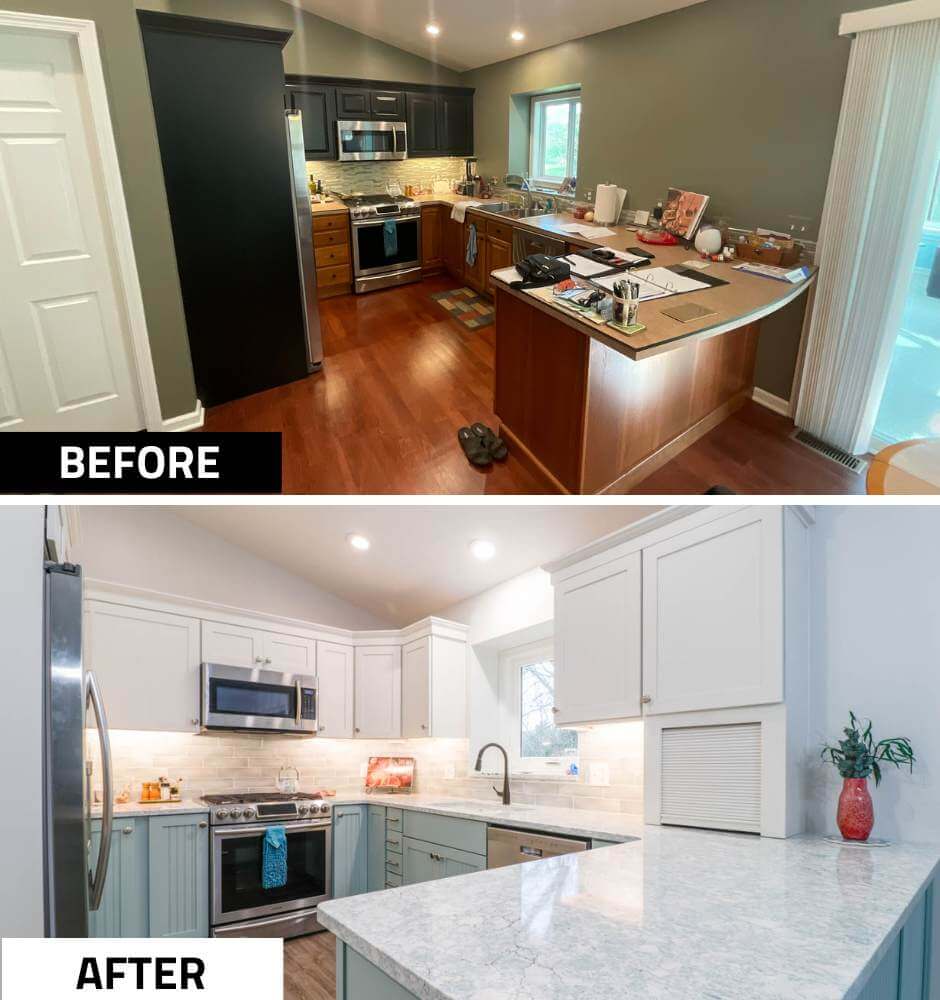 before and after kitchen remodel by Odd Fellows Contracting in Williamston, MI with new white cabinets and quartz countertops