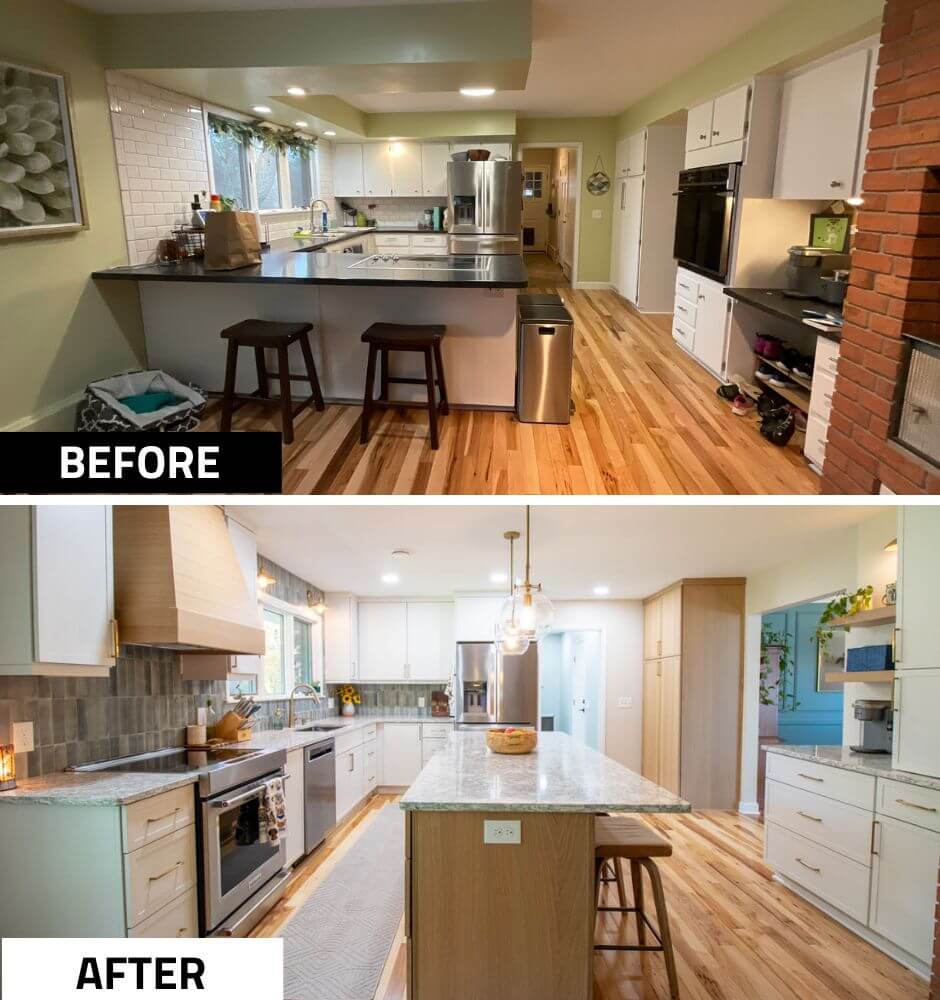 before and after kitchen remodel by Odd Fellows Contracting in Hiawatha Lakes, Okemos, MI showcasing open concept transformation with large island