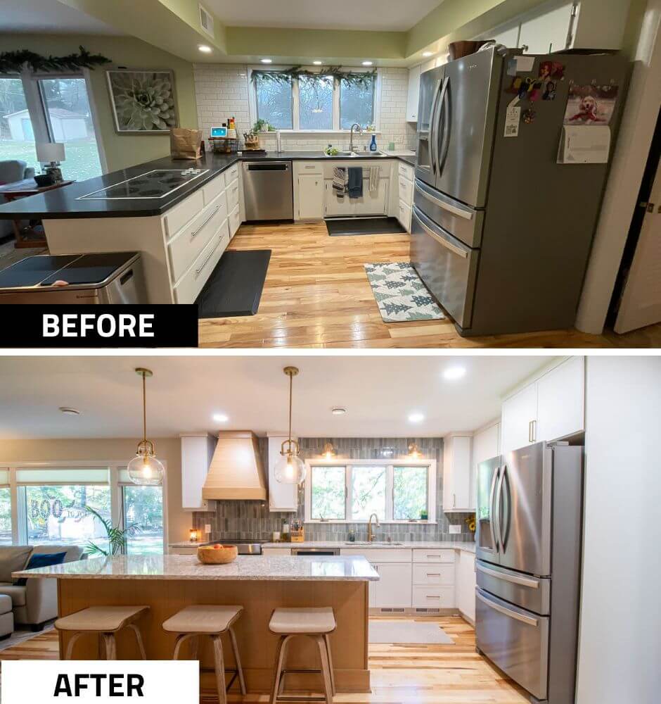 before and after kitchen remodel by Odd Fellows Contracting in Hiawatha Lakes, Okemos, MI with expanded island and modern lighting