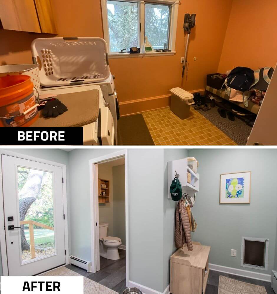 laundry room before and after remodel by Odd Fellows Contracting in Hiawatha Lakes, Okemos, MI with stacked washer and dryer