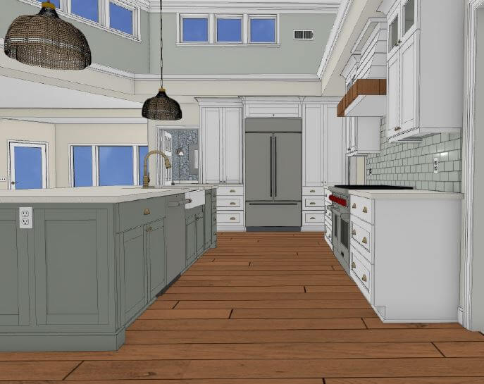 3D view of custom cabinetry and island design for Okemos, MI kitchen remodel by Odd Fellows Contracting
