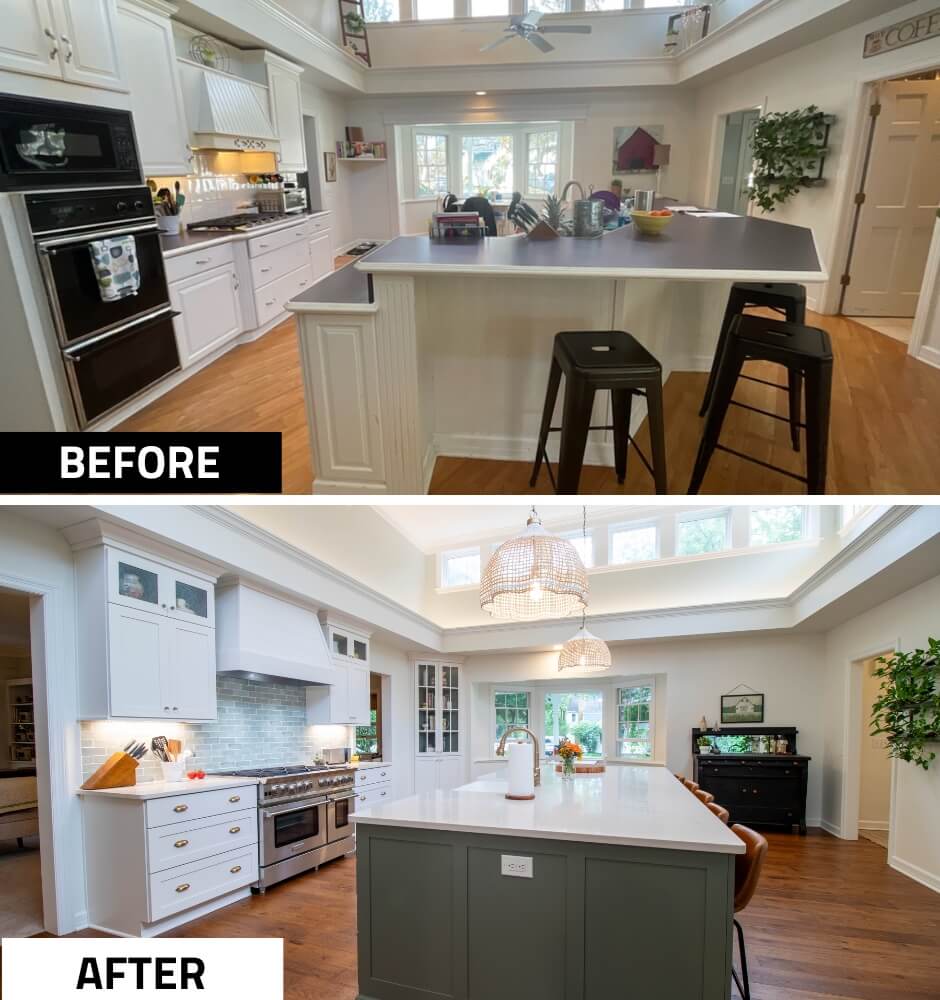 before and after kitchen island upgrade by Odd Fellows Contracting in Okemos, MI