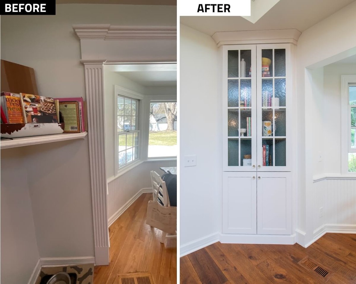 before and after kitchen remodel by Odd Fellows Contracting in Okemos, MI featuring custom built-in cabinetry