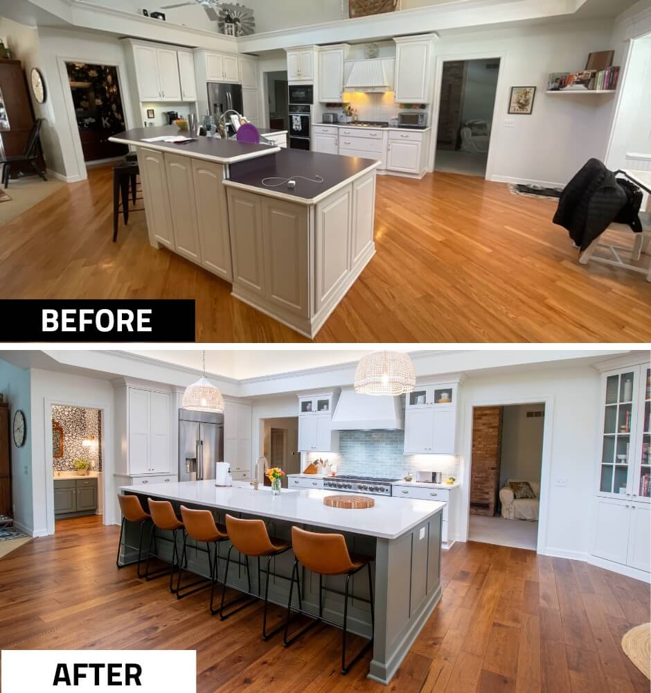 before and after kitchen remodel by Odd Fellows Contracting in Okemos, MI featuring large center island