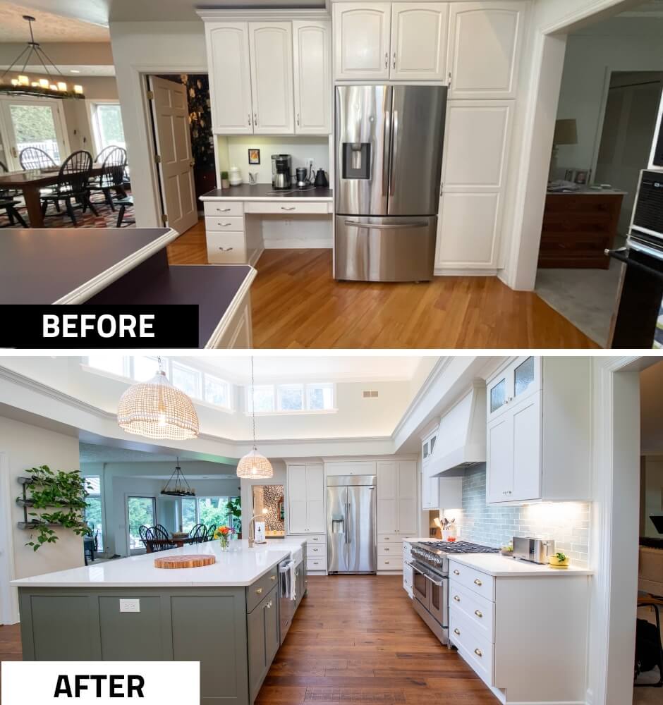 before and after open concept kitchen remodel by Odd Fellows Contracting in Okemos, MI