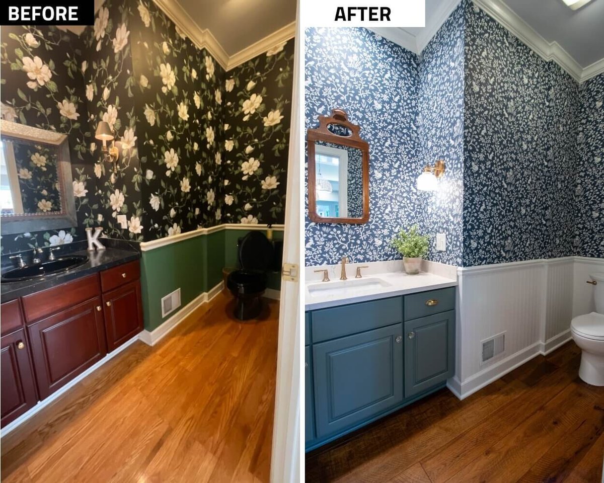 before and after powder room update from kitchen remodel project by Odd Fellows Contracting in Okemos, MI