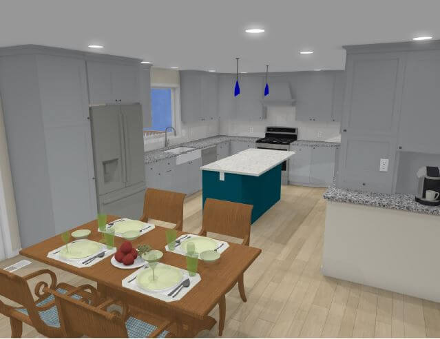 3D kitchen design rendering for Okemos, MI custom home by Odd Fellows Contracting