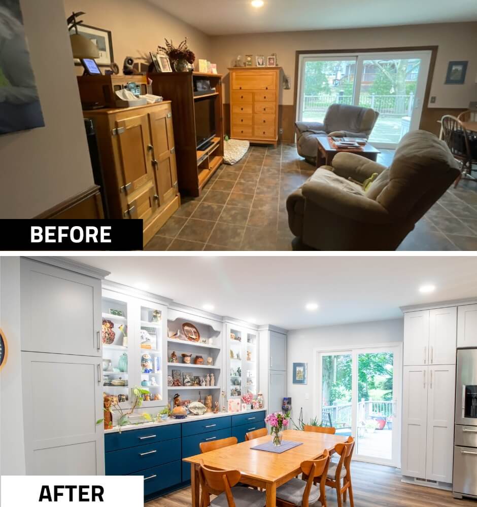 before and after dining area renovation in Okemos, MI custom home by Odd Fellows Contracting