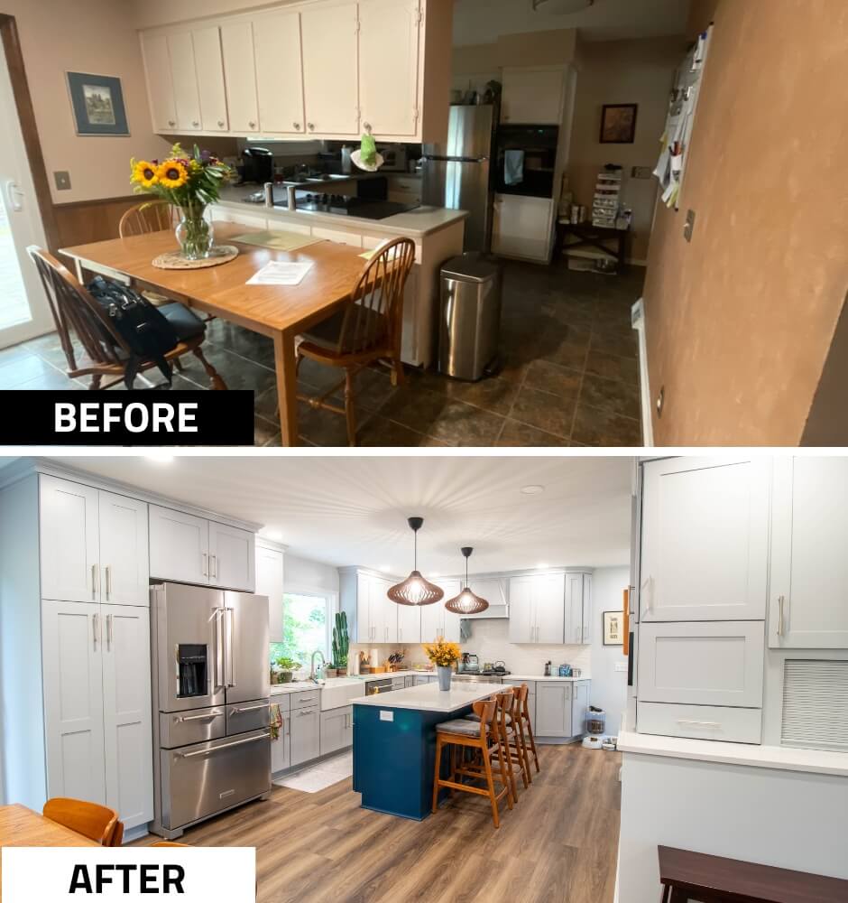 before and after kitchen transformation from custom home by Odd Fellows Contracting in Okemos, MI