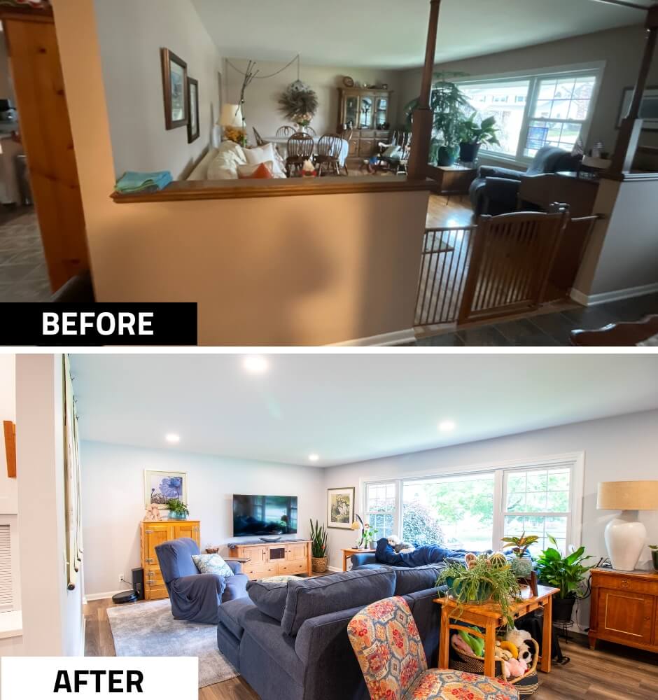 before and after living room remodel in Okemos, MI custom home by Odd Fellows Contracting