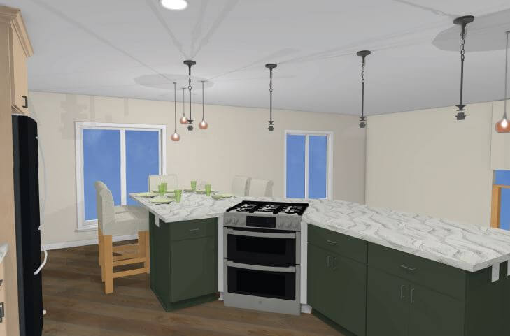 3D kitchen remodel rendering with angled island in Okemos, MI by Odd Fellows Contracting