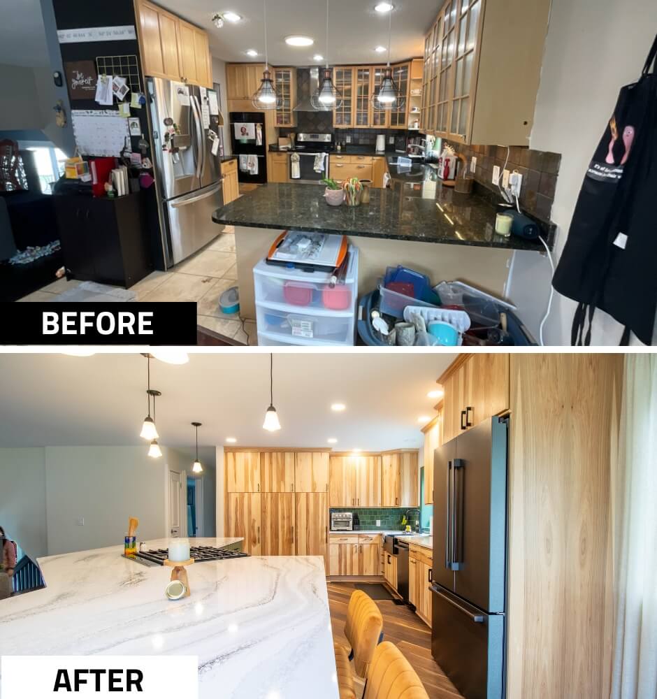 before and after kitchen remodel in Okemos, MI by Odd Fellows Contracting featuring natural wood cabinetry and waterfall island