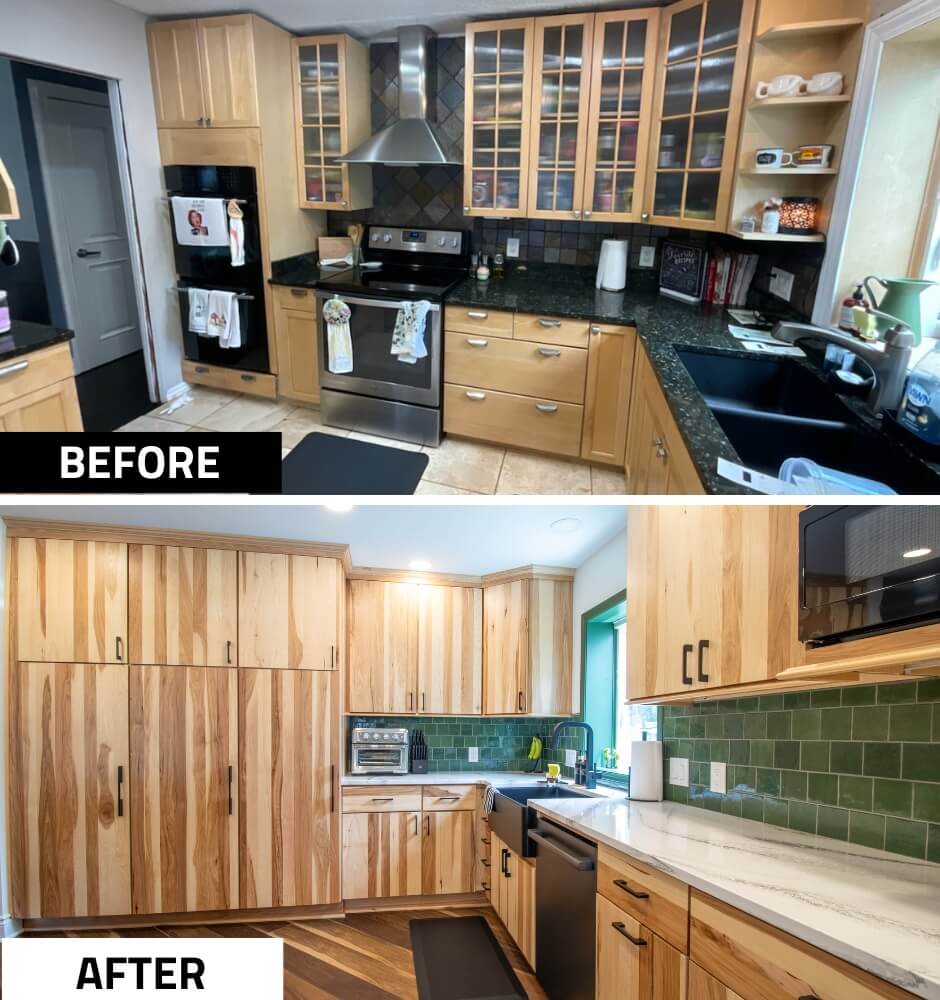 before and after kitchen remodel in Okemos, MI by Odd Fellows Contracting with custom wood cabinets and green tile backsplash