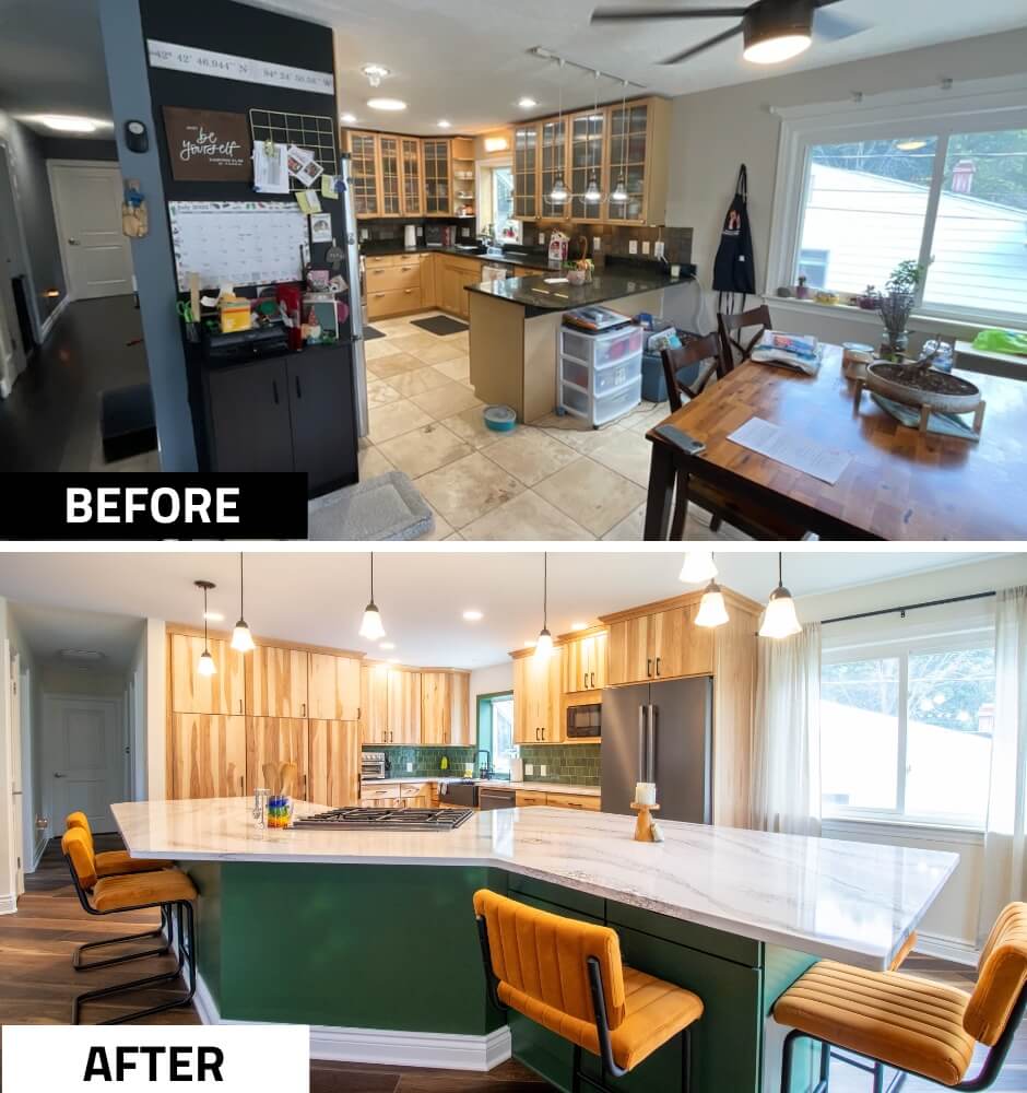 before and after open concept kitchen remodel in Okemos, MI by Odd Fellows Contracting with green island