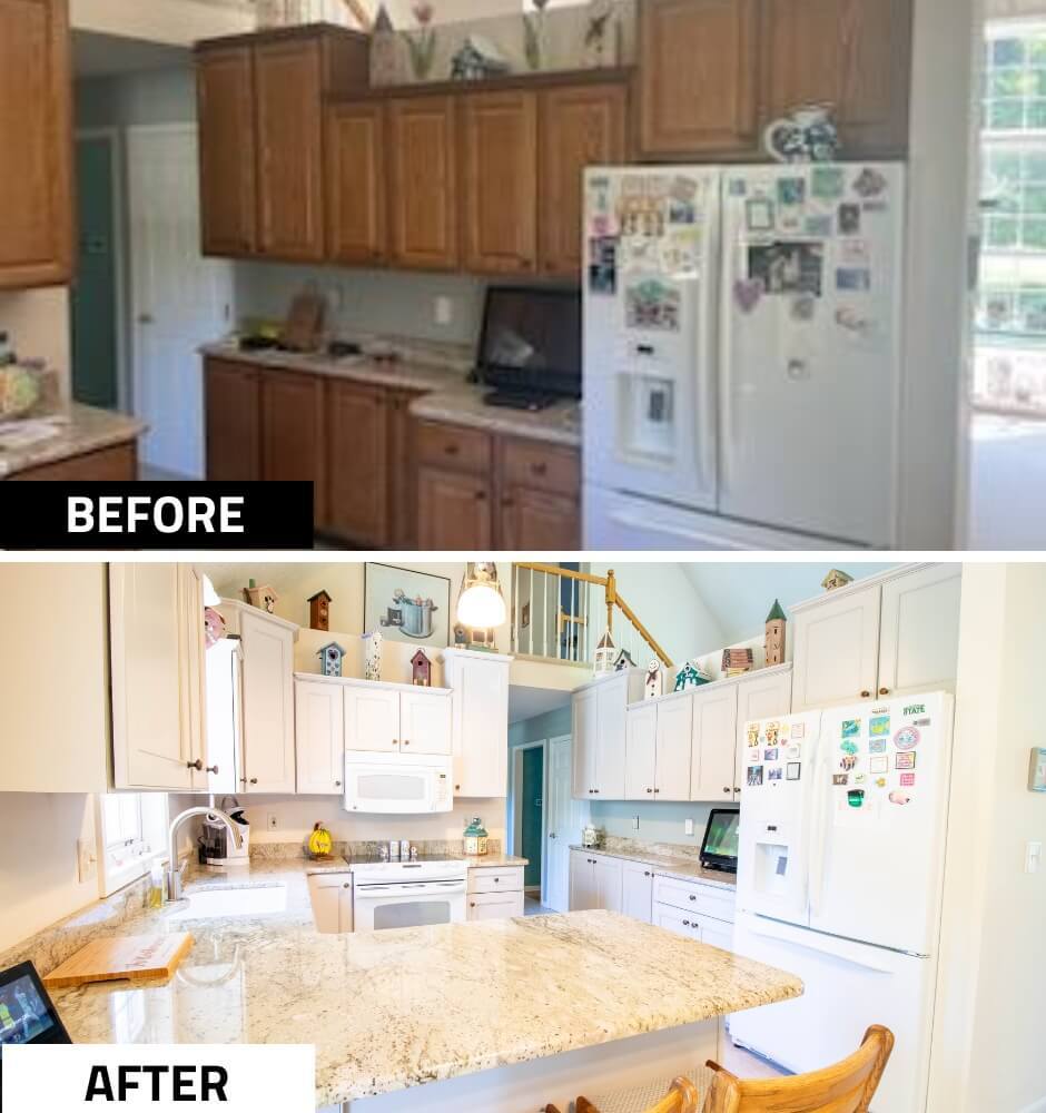 before and after kitchen remodel by Odd Fellows Contracting in Williamston, MI featuring updated white cabinets and granite island