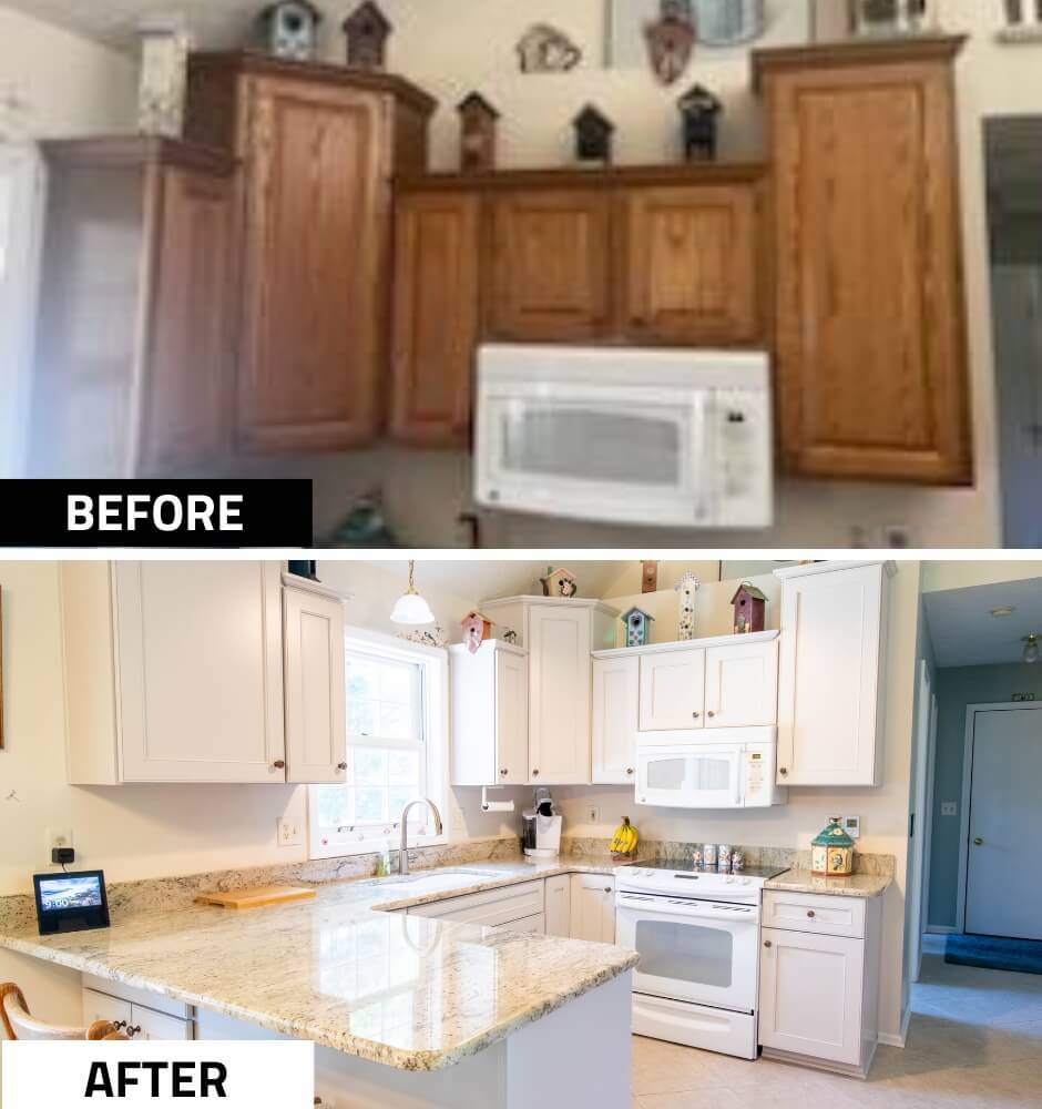 before and after kitchen remodel by Odd Fellows Contracting in Williamston, MI with refreshed upper cabinets and countertops
