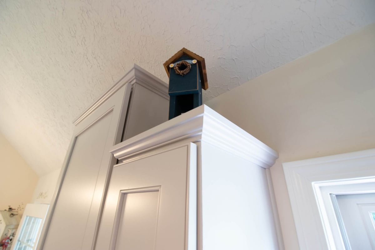 upper cabinet detail from kitchen remodel by Odd Fellows Contracting in Williamston, MI with crown molding