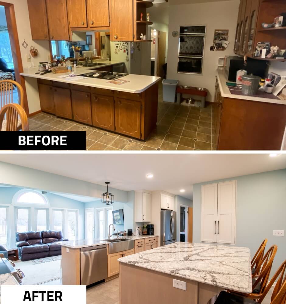 before and after kitchen remodel by Odd Fellows Contracting in Owosso, MI featuring expanded island and quartz countertops