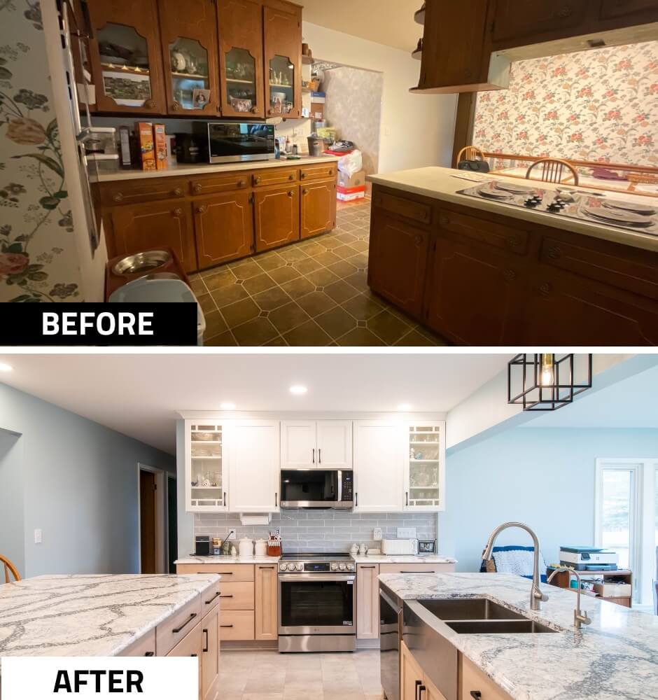 before and after kitchen remodel by Odd Fellows Contracting in Owosso, MI showcasing bright white cabinets and tile backsplash