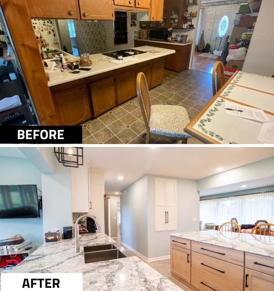 before and after kitchen remodel by Odd Fellows Contracting in Owosso, MI with new sink and oversized island