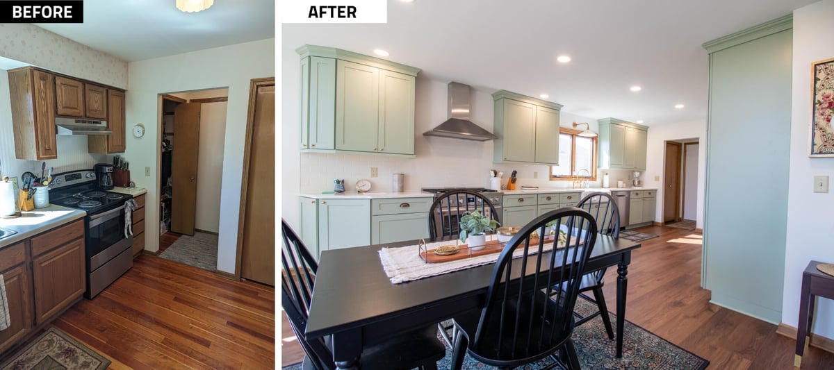 before and after kitchen remodel by Odd Fellows Contracting in Holt Four Seasons, MI with custom green cabinetry