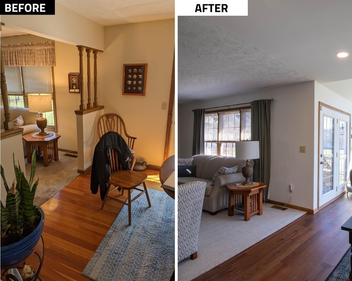 before and after living space remodel by Odd Fellows Contracting in Holt Four Seasons, MI with improved layout and flooring