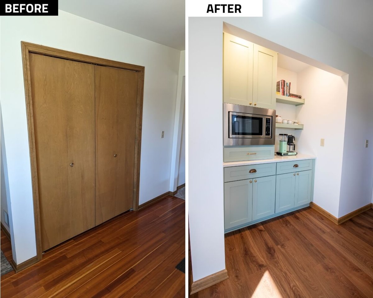 before and after pantry nook remodel by Odd Fellows Contracting in Holt Four Seasons, MI with built in cabinetry