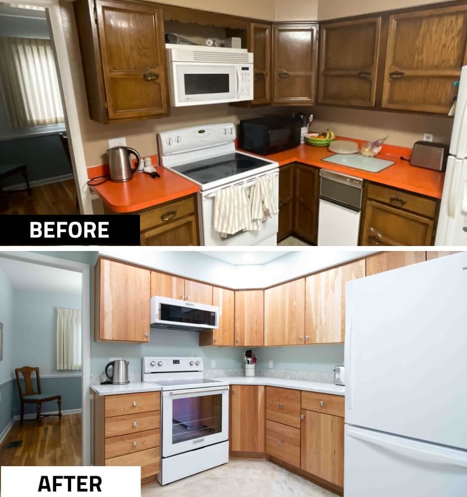 Kitchen remodel before and after with updated cabinetry by Odd Fellows Contracting in Lansing, MI
