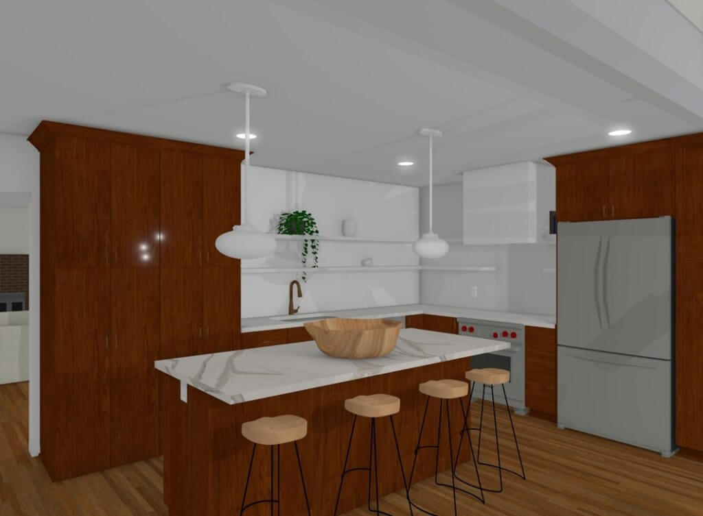 3D kitchen remodel rendering by Odd Fellows Contracting in East Lansing, MI with wood cabinetry and island seating