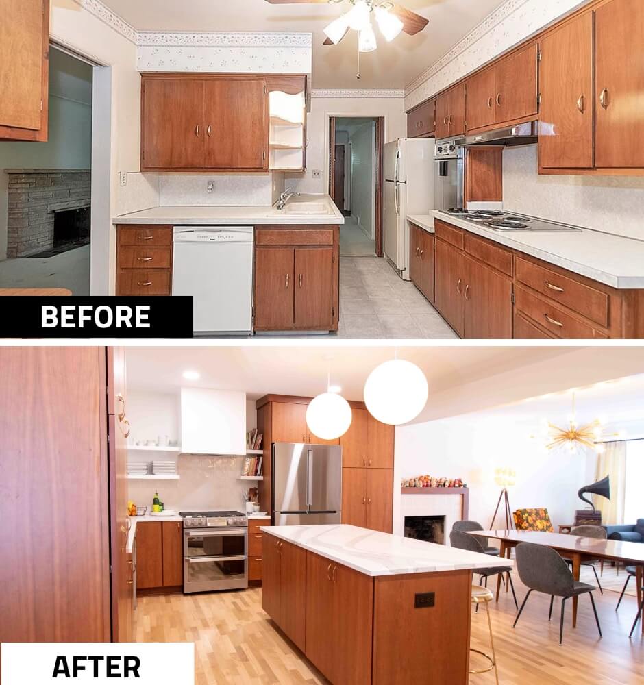 dated interior before kitchen remodel by Odd Fellows Contracting in East Lansing, MI with carpet and stone fireplace