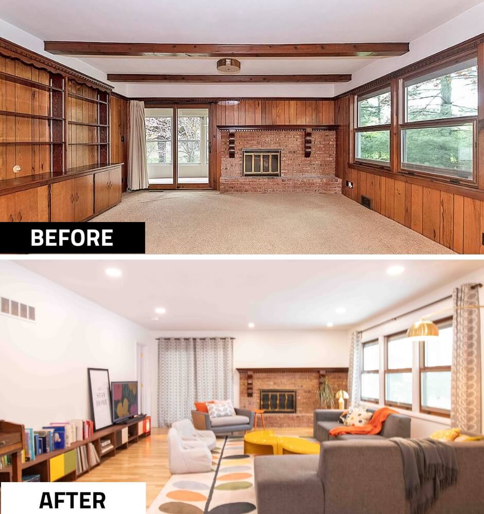 living room before kitchen remodel by Odd Fellows Contracting in East Lansing, MI with wood paneling and brick fireplace