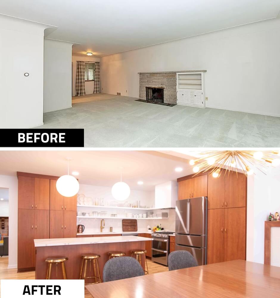 open concept living space after kitchen remodel by Odd Fellows Contracting in East Lansing, MI